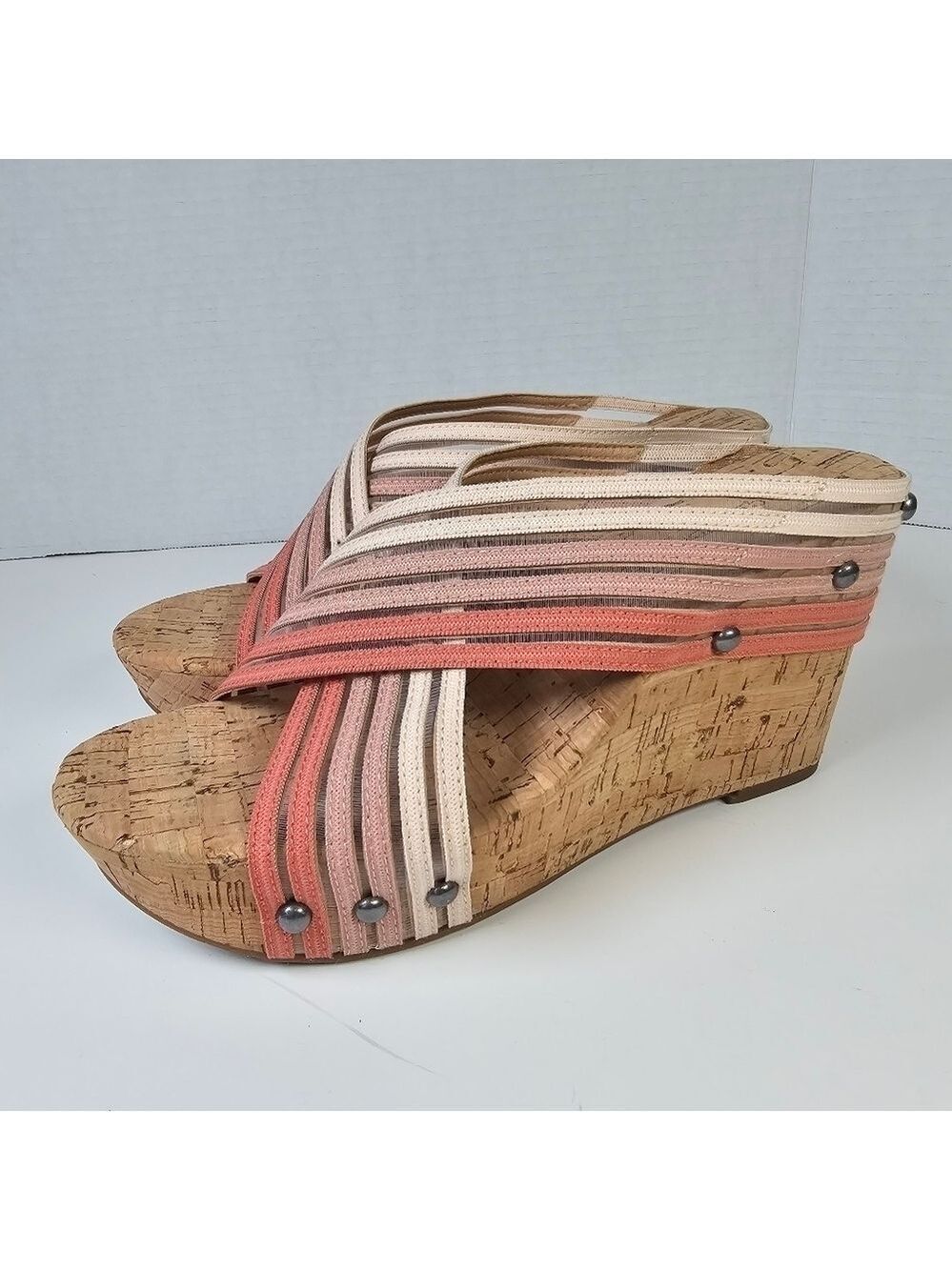 Lucky Brand Mykayla Nude Peach Criss Cross Slip On Cork Wedge Shoes